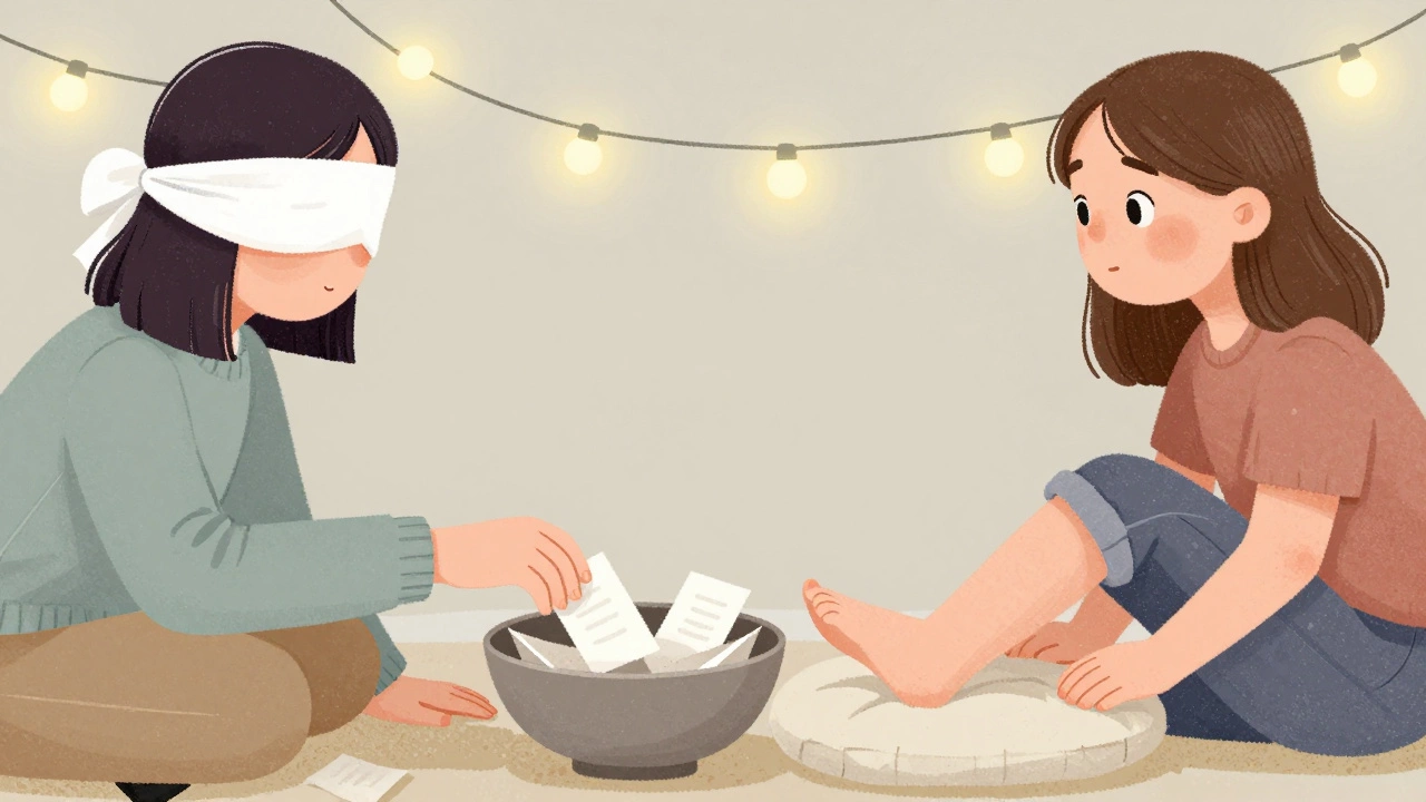 A blindfolded person reaching into a bowl of paper slips while a bare foot rests on a cushion, playful mood.