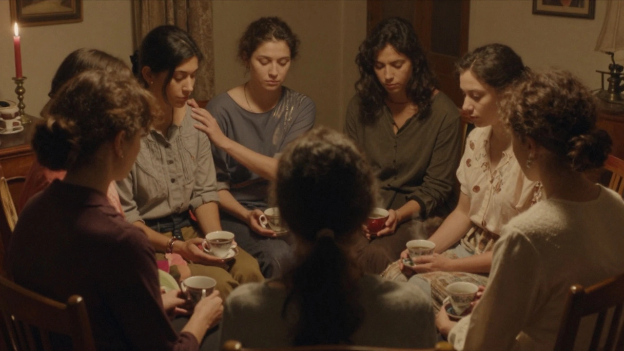 A circle of women sharing tea in soft candlelight, offering silent support.