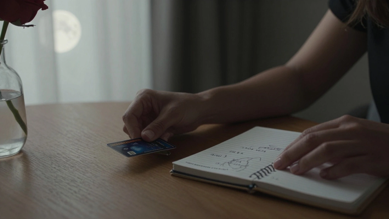 A woman&#039;s hands placing a keycard and notebook on a table in a quiet apartment.