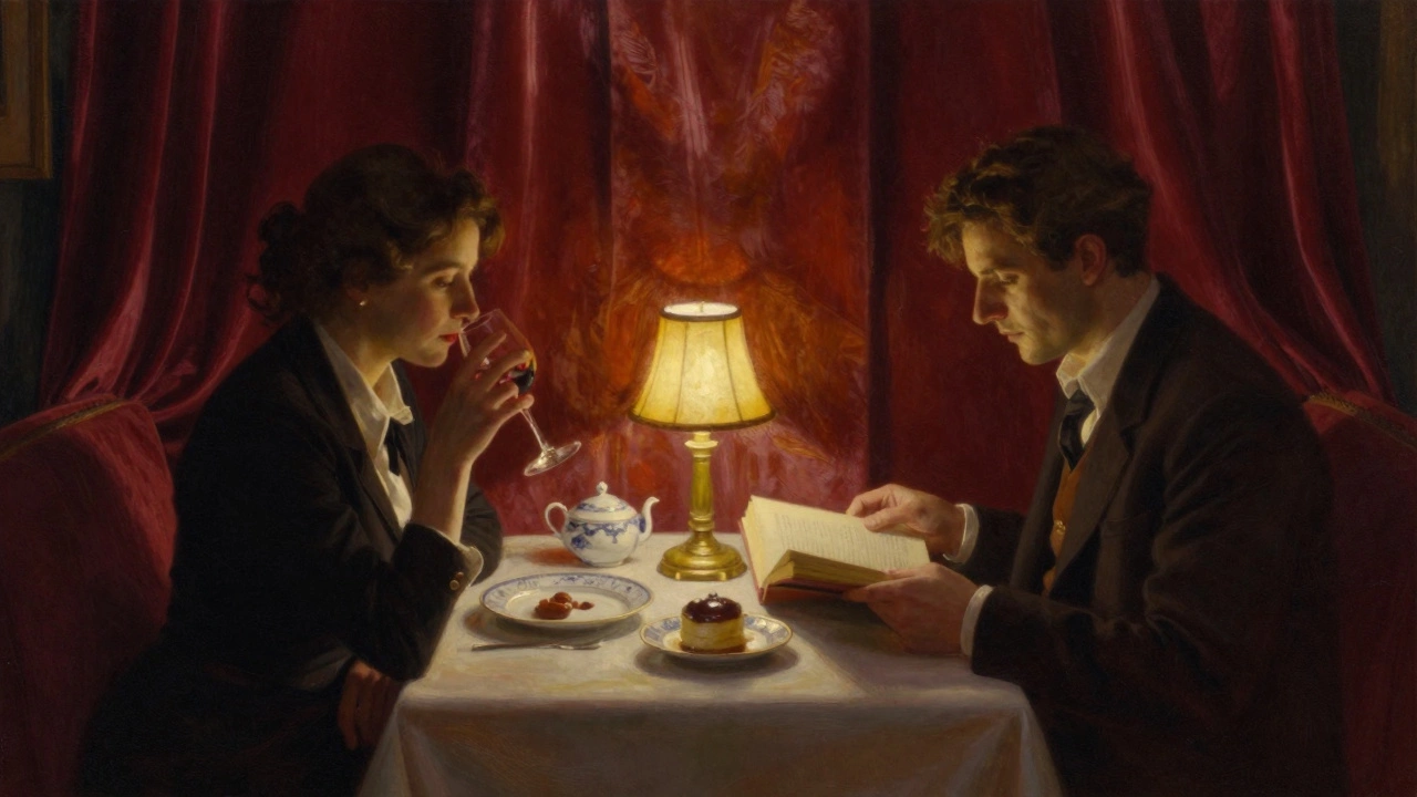 Two people sit in quiet companionship in a cozy corner booth, one reading, the other sipping wine by lamplight.