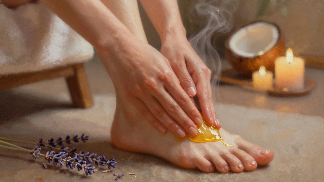 Warm oil being massaged into a foot with lavender petals nearby, golden light reflecting off the skin.